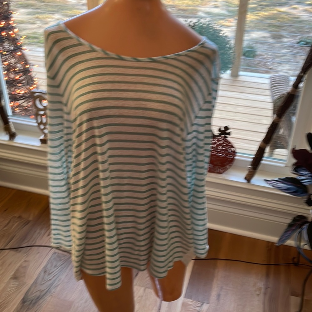 Lucky Brand White and Teal Striped Boatneck Top